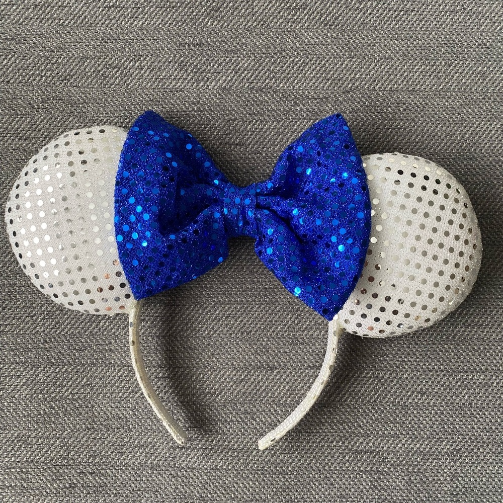 Custom White Sequin with Blue Bow Minnie Ears